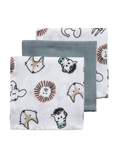 Gauze (muslin) diaper set, 3pcs., 30x30, Meyco Baby (Green Animal)
