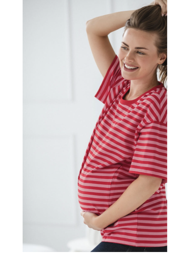 Mamahood rasedus- ja imetamis-T-särk, punase-roosatriibuline
