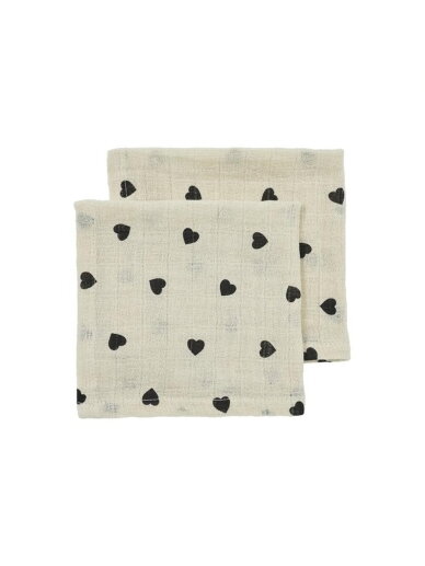 Meyco Muslin Swaddles Sweet Heart, Soft Sand/Black, 120x120 cm, 2 pcs