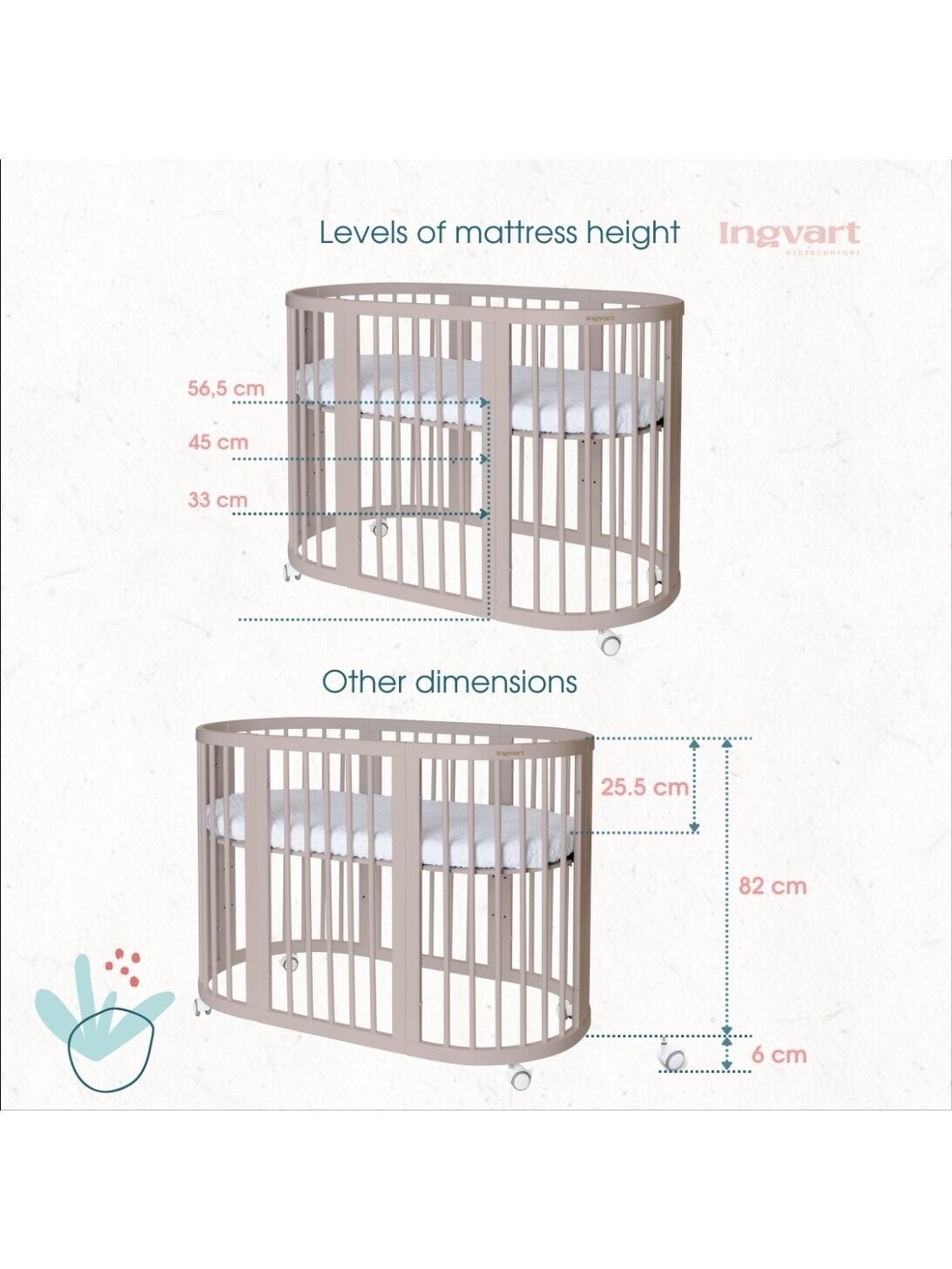 Oval convertible baby crib 9in1 Smart, Ingvart (Beige) 2