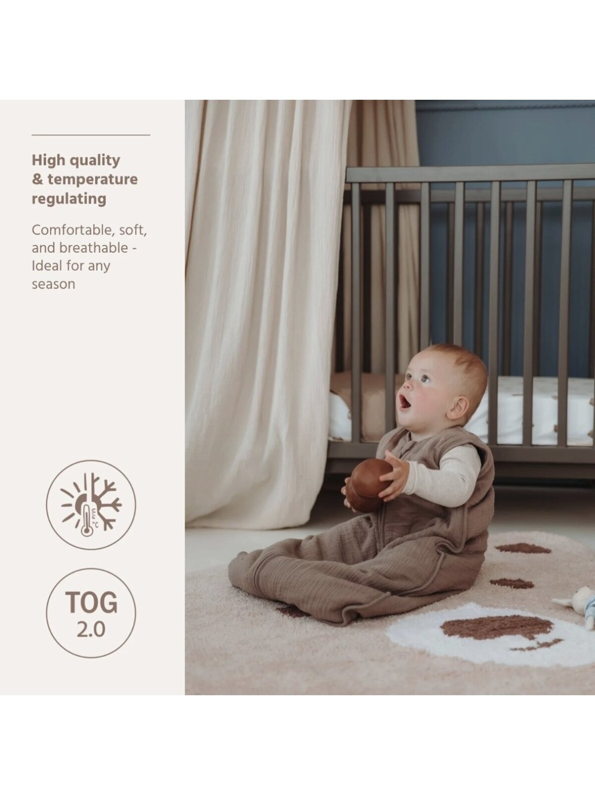Lined muslin sleeping bag 60 cm, TOG 2.0, Meyco (Dark Taupe) 2 Lined muslin sleeping bag 60 cm, TOG 2.0, Meyco (Dark Taupe) 2